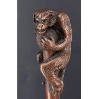 ANTIQUITES CANNE DE MARCHE CASSE TETE SINGE EN BRONZE PROTEGEANT SON BUTIN par ANTOINE PALAIS ROYAL - FRANCE FIN XIXè {PRODUCT_R