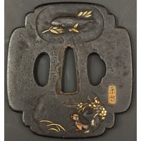 Art du Japon TSUBA MOKKO-GATA EN FER  YAMASHIRO SUMIYOSHI   CARPE CHIEN ET ESCARGOT  - JAPON EDO PERIODE XVIIè {PRODUCT_REFERENC